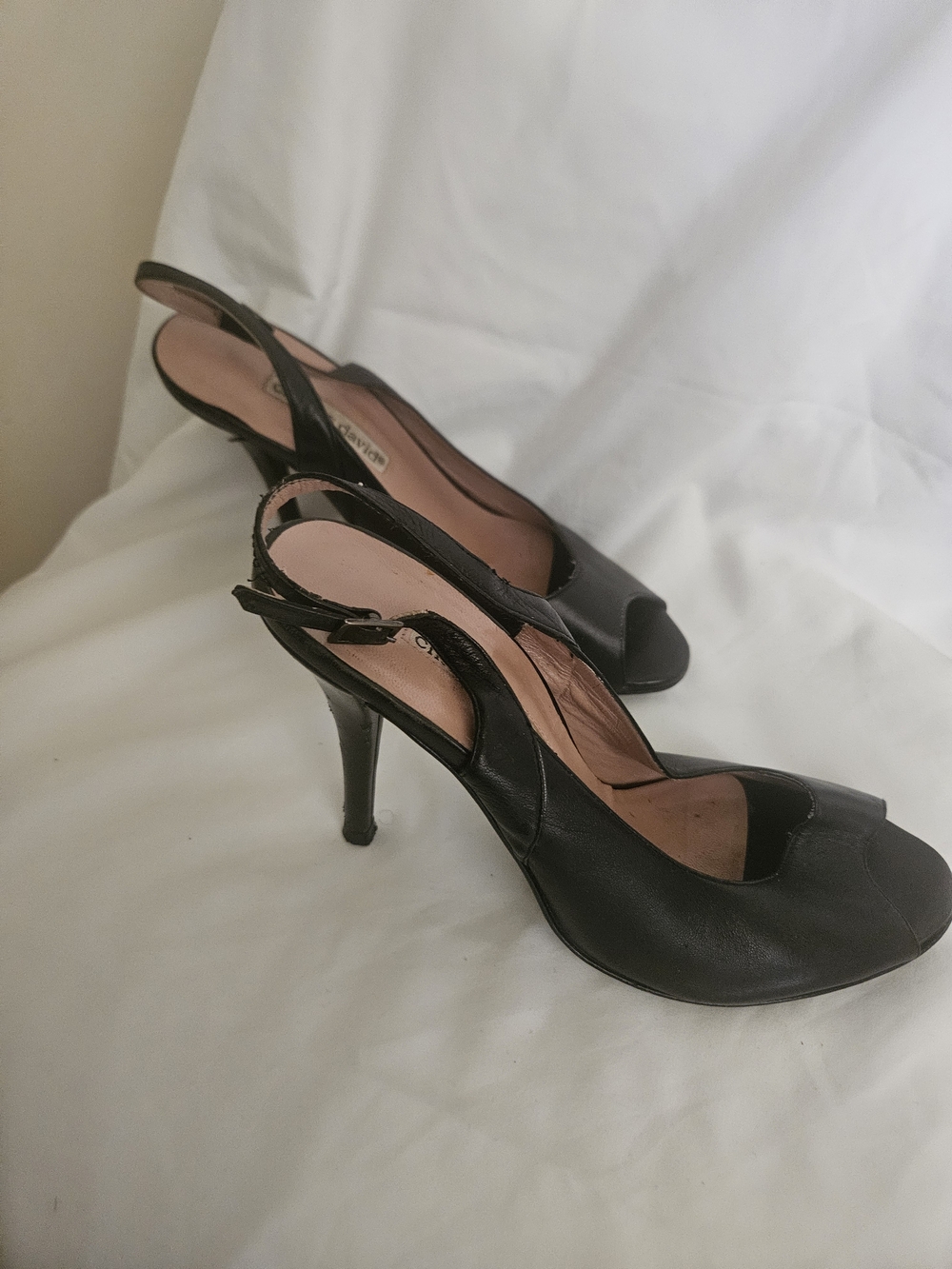 Charles David Black Leather Slingback Peep-Toe Stilettos